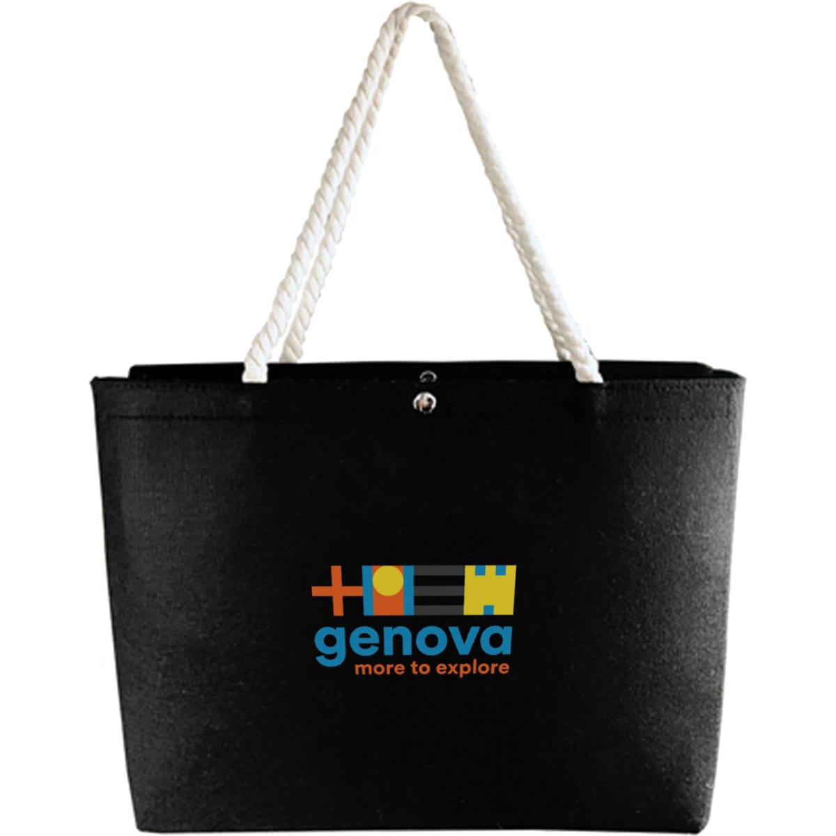 A black tote bag with rope handles, featuring a logo on the front.