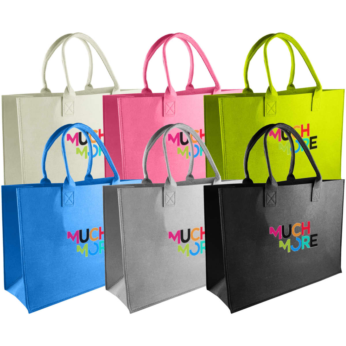 Avenue Felt Shopper bags in six colours: black, grey, blue, pink, green, and cream, each with a handle and a logo.