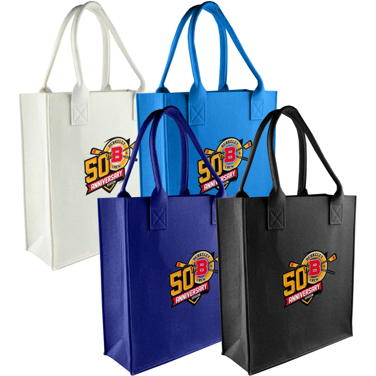 A set of four tote bags in black, blue, white, and navy, each featuring a logo on the front.