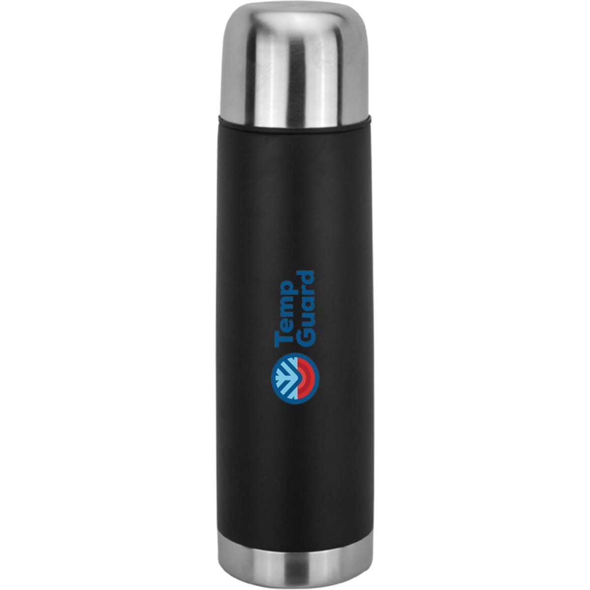 A drink bottle in black with a stainless steel top and a logo. It is designed for keeping beverages hot or cold.