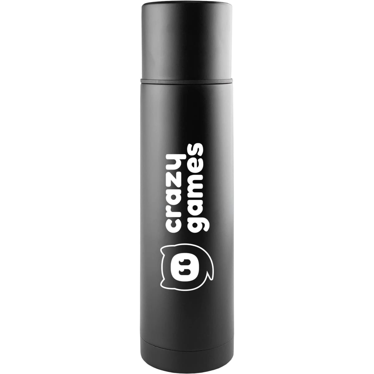 A drink bottle in black featuring a logo and a sleek, cylindrical design. Ideal for holding beverages.