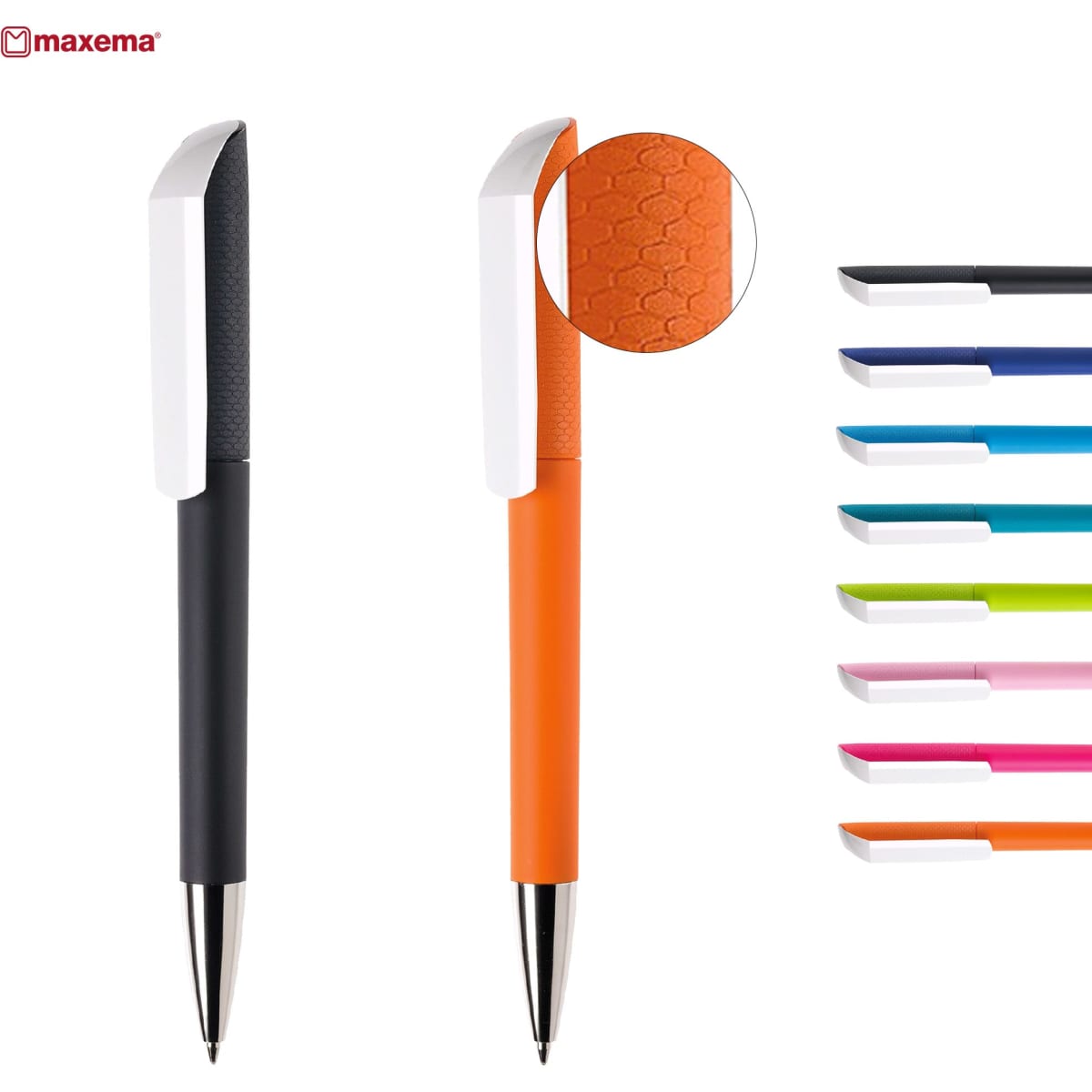 Two plastic pens in black and orange, featuring a textured grip and a selection of other vibrant colours. One pen has a logo.