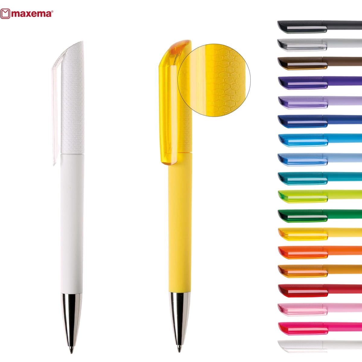 Two plastic pens in white and yellow, with a selection of various coloured pens in the background. Each pen has a logo.