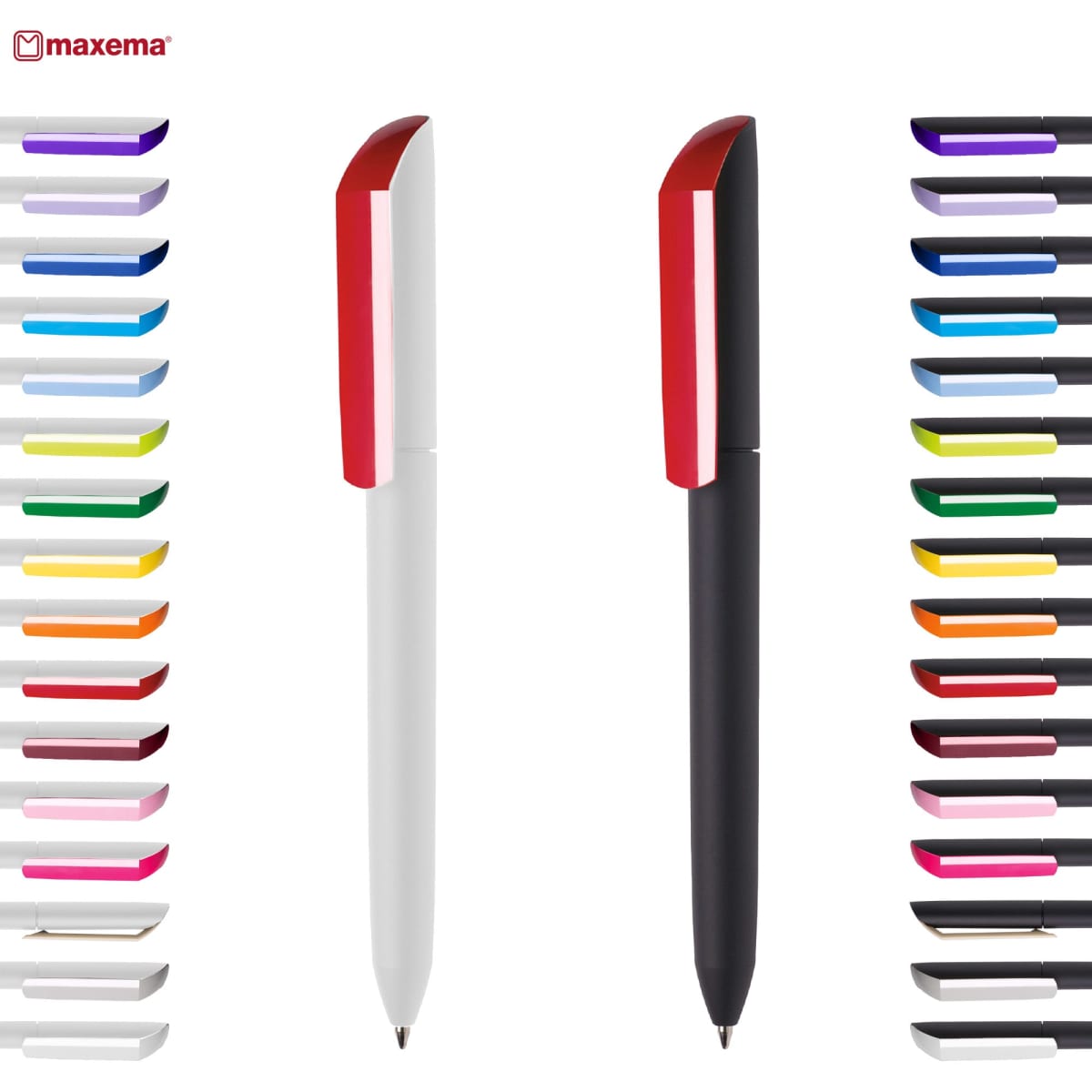 A collection of colourful plastic pens displayed in various shades, featuring a prominent white and black pen with red accents.