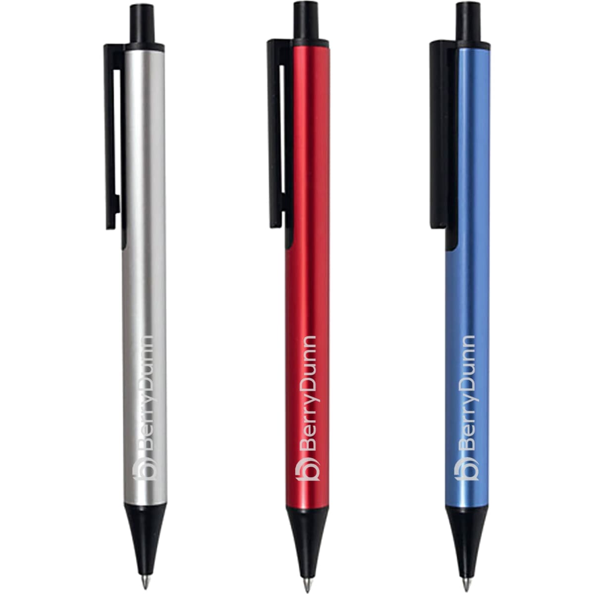 Three metal pens in silver, red, and blue, featuring a clip and branded logo.