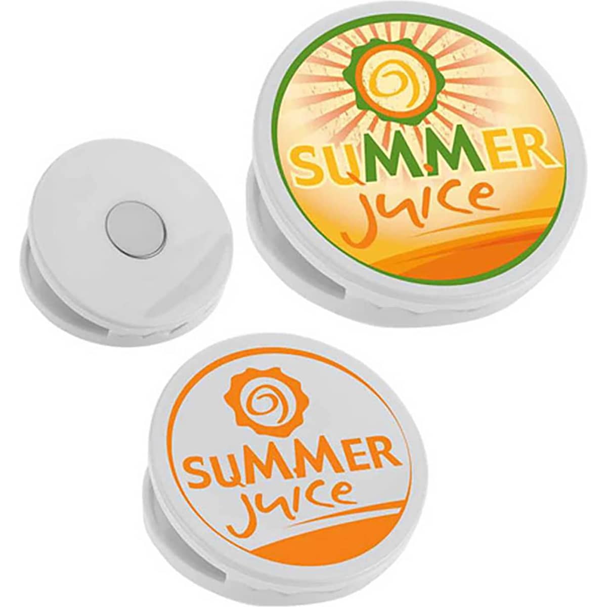 A round fridge magnet clip in white with vibrant summer juice designs in orange and yellow.