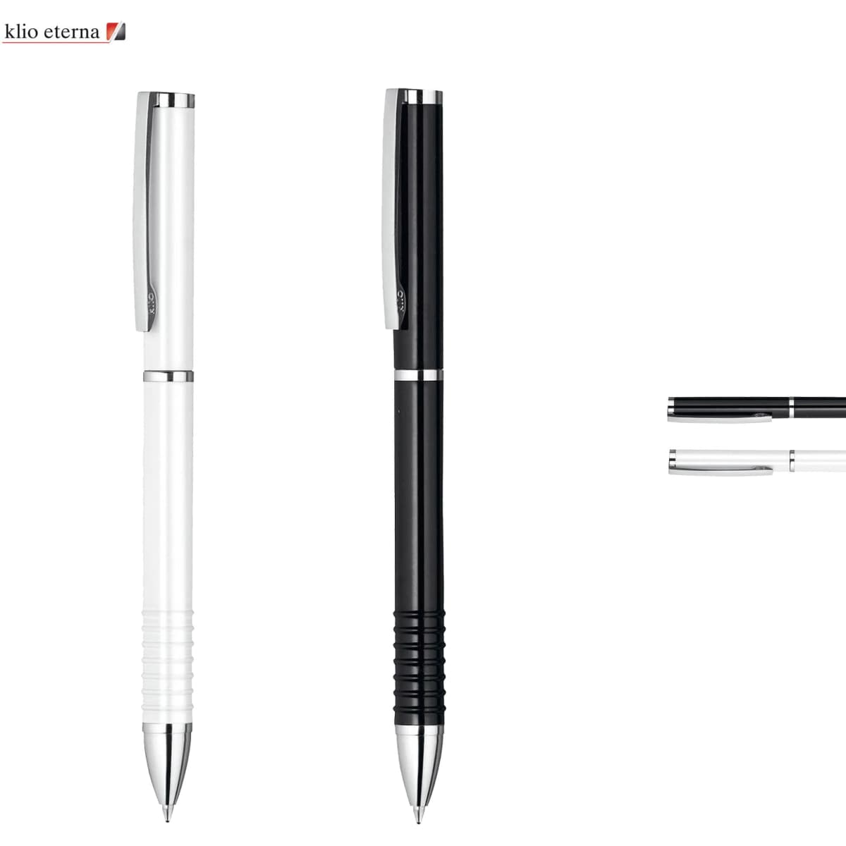 A set of two pens in white and black, featuring a sleek design and chrome accents. Includes a logo on the top left.