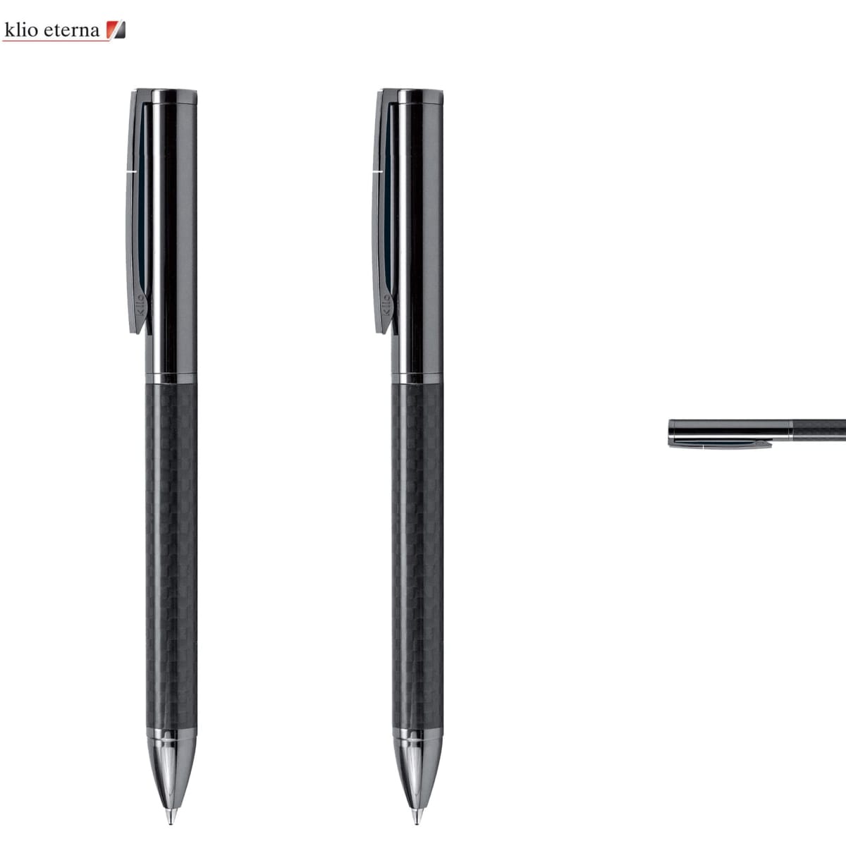 A sleek black metal pen with a carbon fibre grip and a clip, featuring a logo.