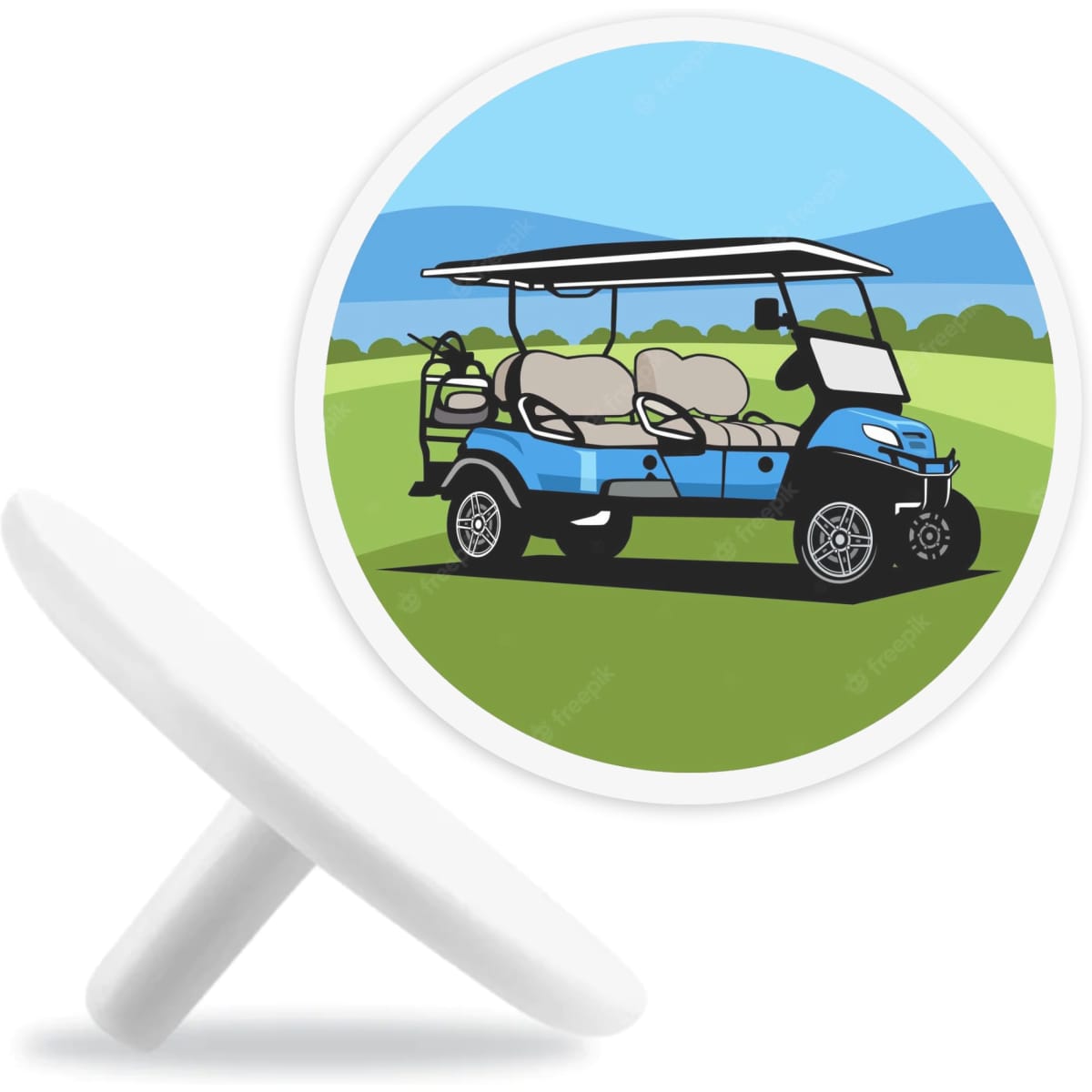 A round golf ball marker featuring a blue golf cart with a canopy, set against a green landscape and blue sky.