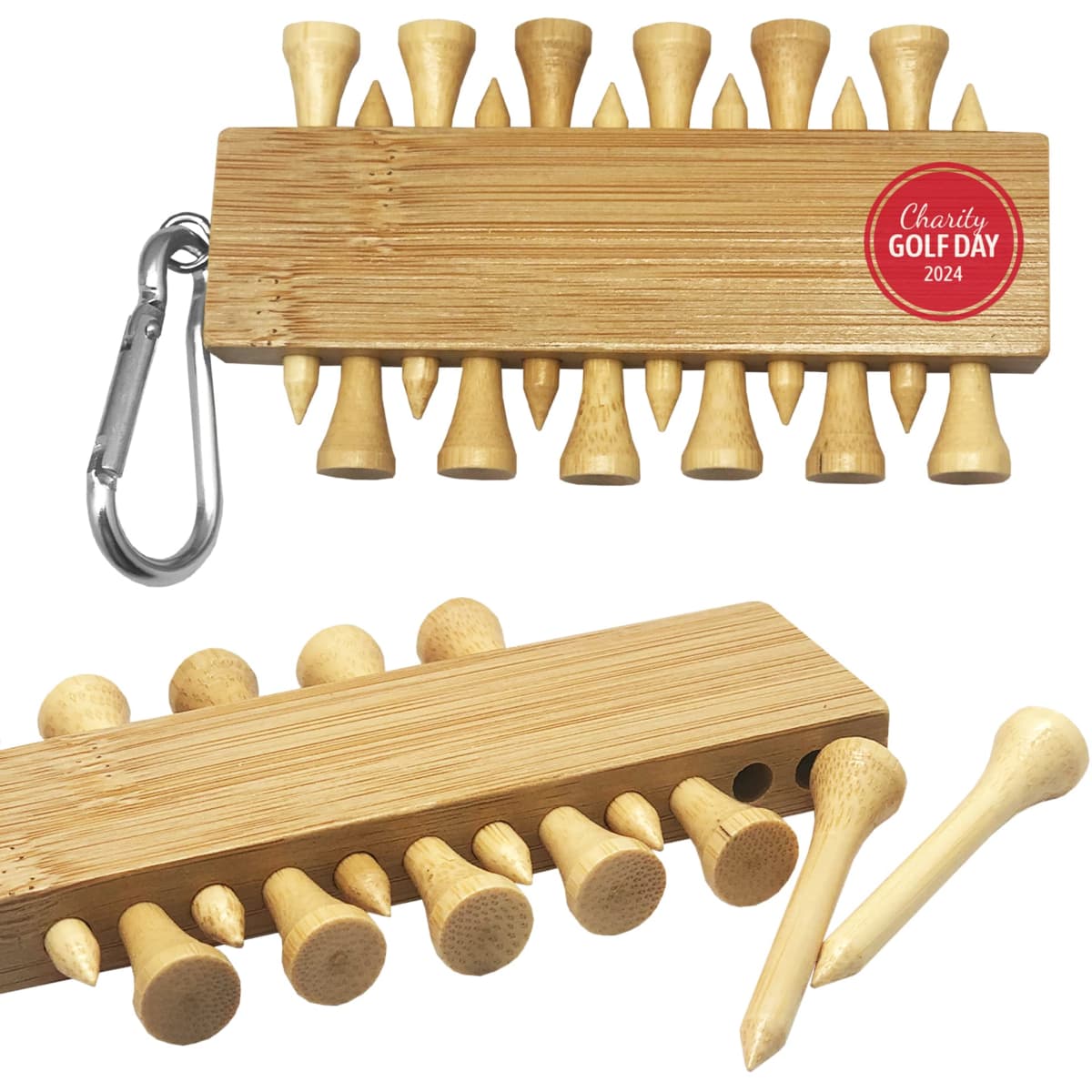 A bamboo golf tee set with a carabiner, featuring a collection of natural wood tees in a compact holder.