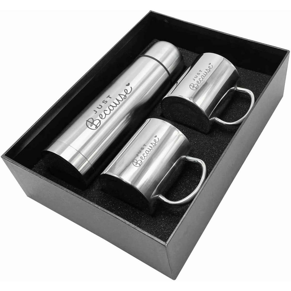 A drink bottle and two matching mugs in a sleek black gift box. The items are silver in colour and feature a logo.