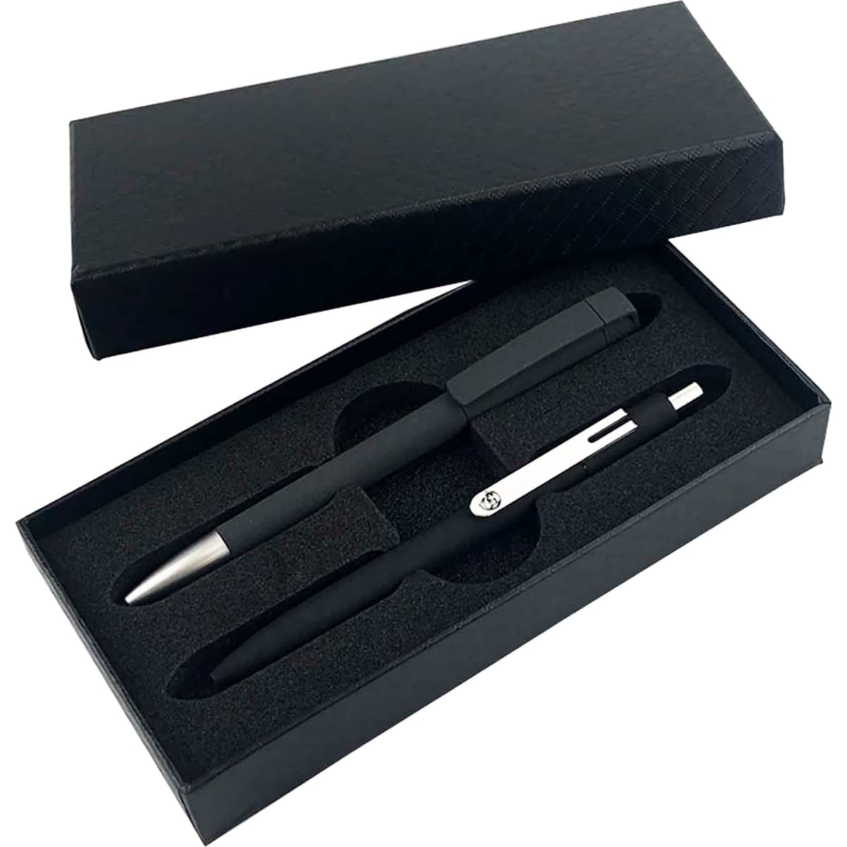 A black gift box containing a black pen and a silver pen, secured in foam padding.