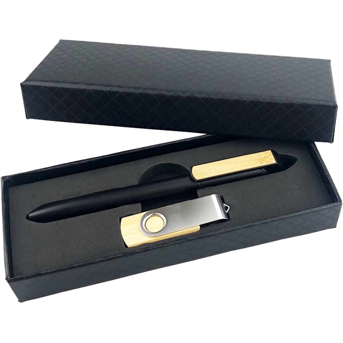 A black pen and silver clip in an elegant gift box with a textured design. The box is open to reveal its contents.