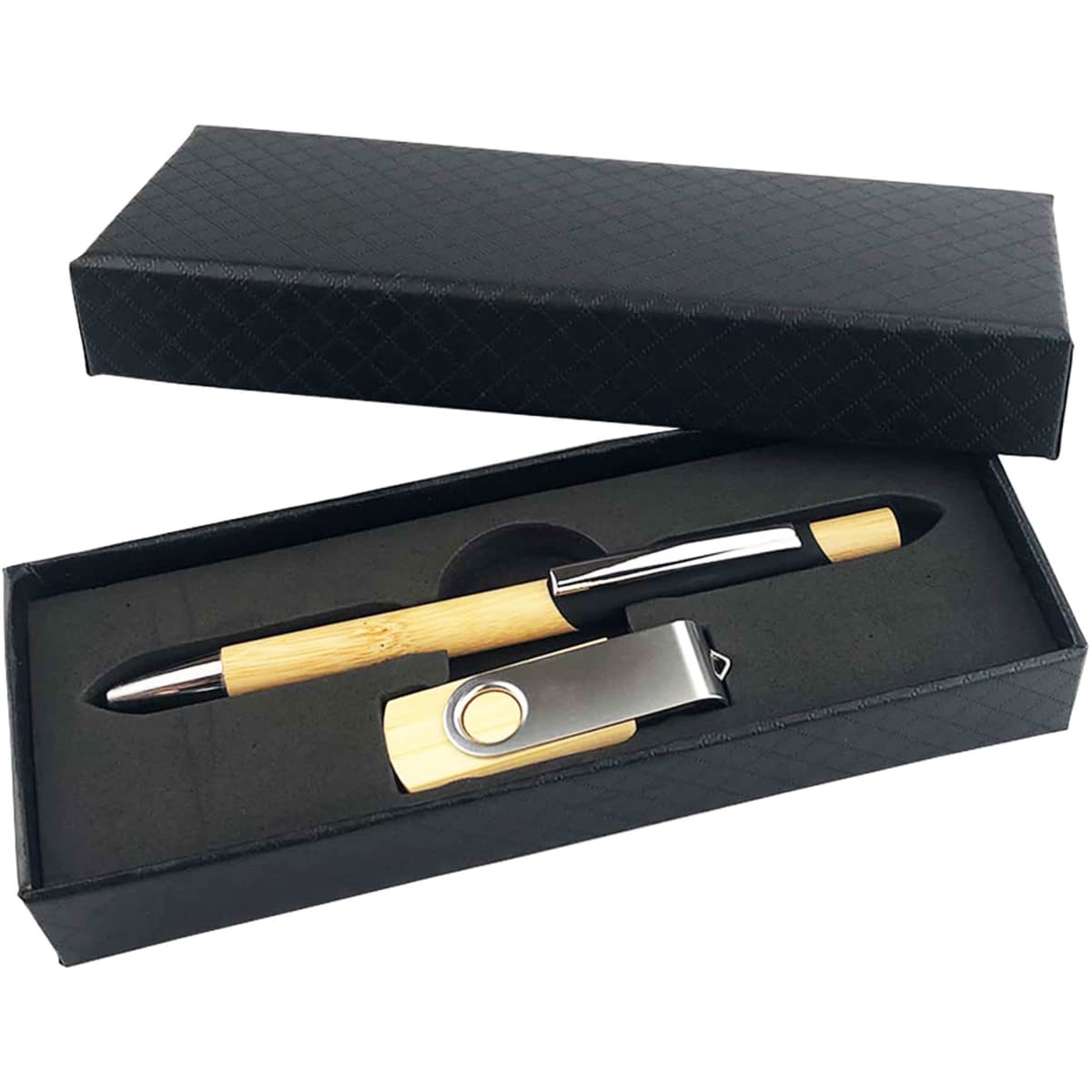 A bamboo and chrome pen set with a metal keyring, presented in a sleek black gift box.