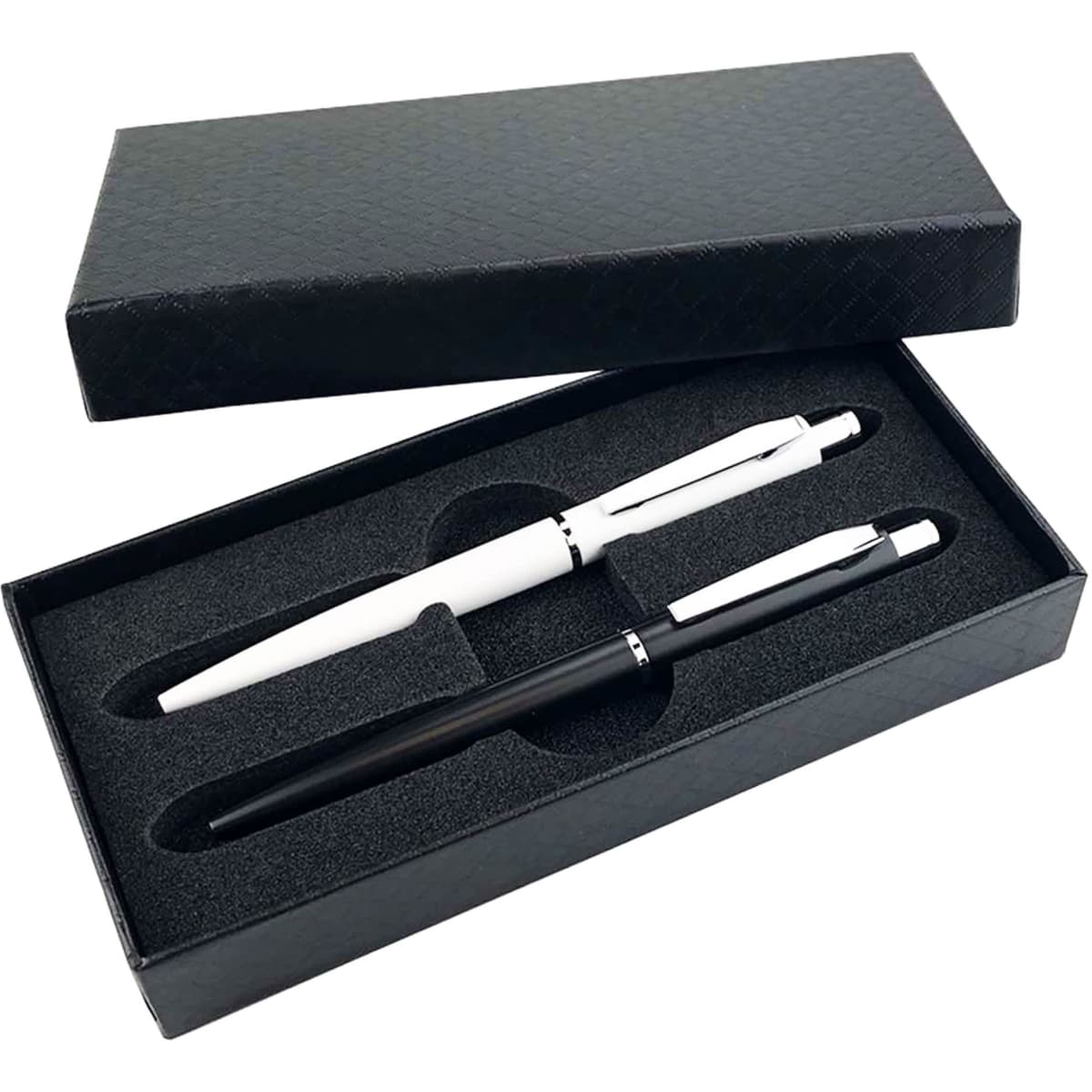 A black gift box containing a black metal pen and a white metal pen, both resting on a foam insert.