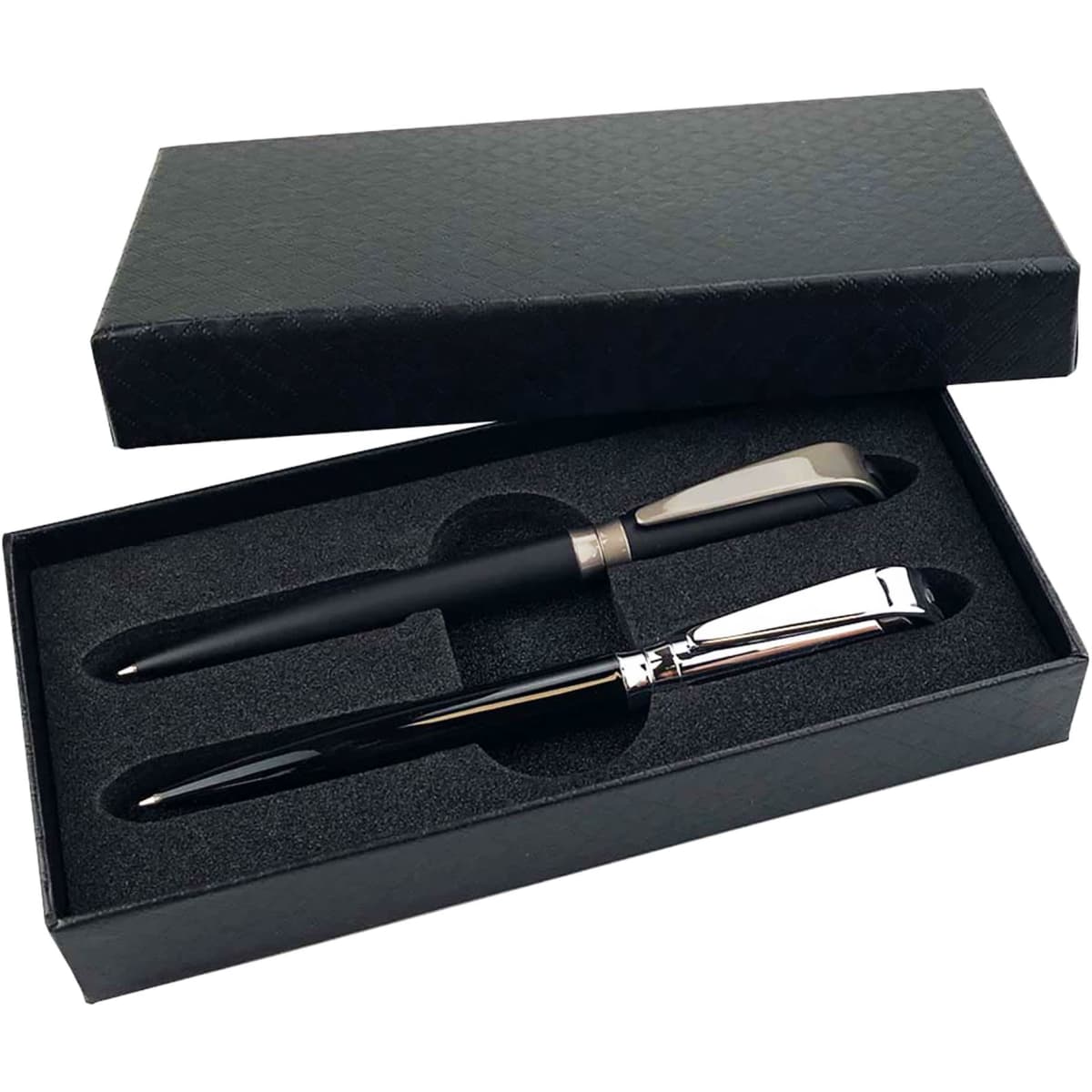A black metal pen gift set featuring two pens, presented in a sleek black box with a textured finish.