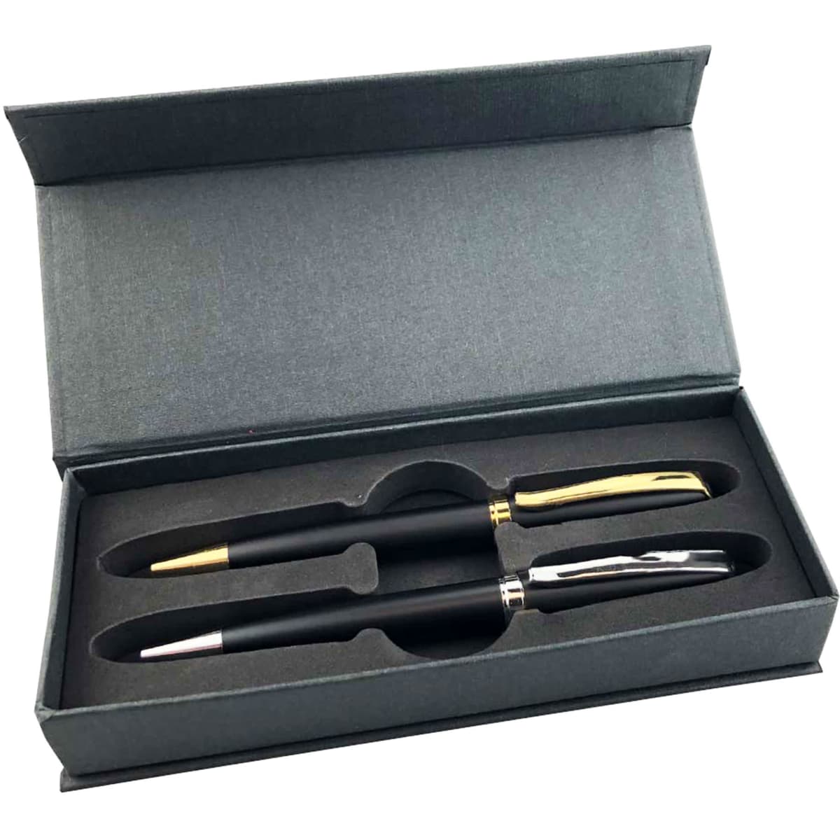 A black and gold metal pen gift set displayed in a grey box, featuring two pens with a logo.