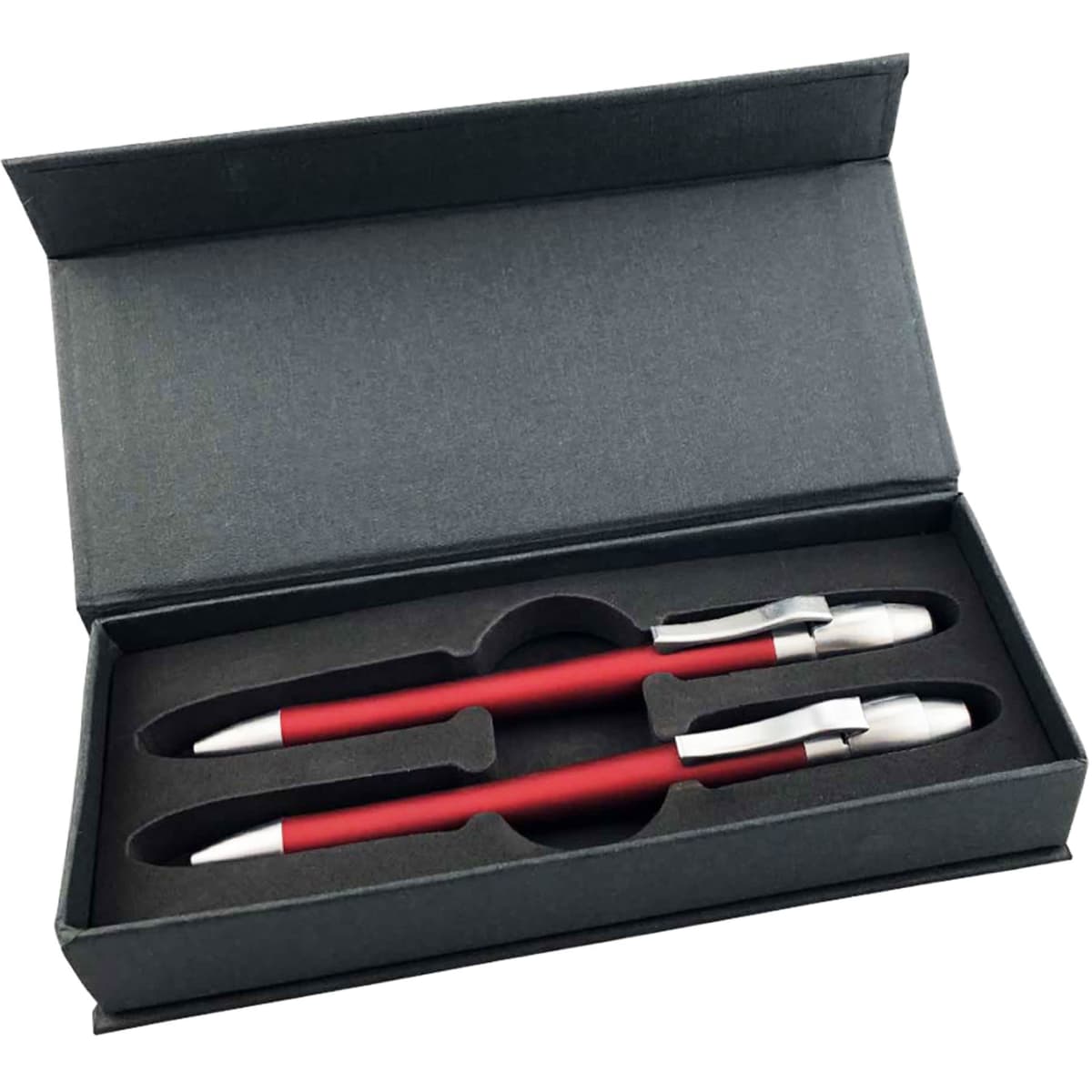 A red metal pen gift set featuring two pens, displayed in a black presentation box with a fitted interior.