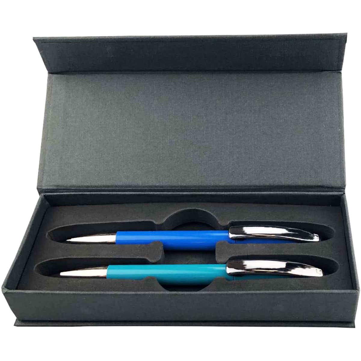 A box containing two plastic pens, one blue and one turquoise, with a glossy finish and silver details.