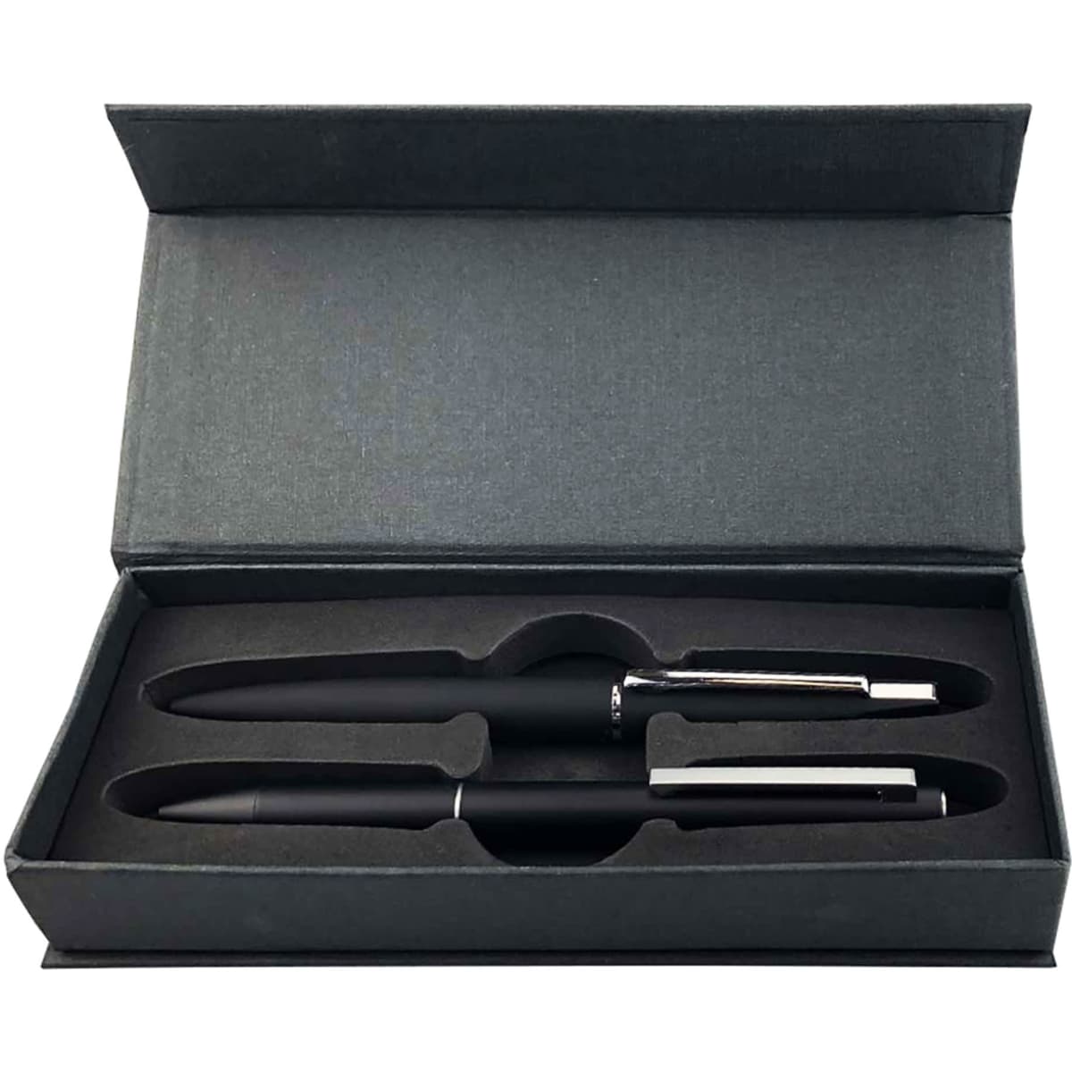 A metal pen gift set in a black box, featuring two black pens with silver accents and a logo.