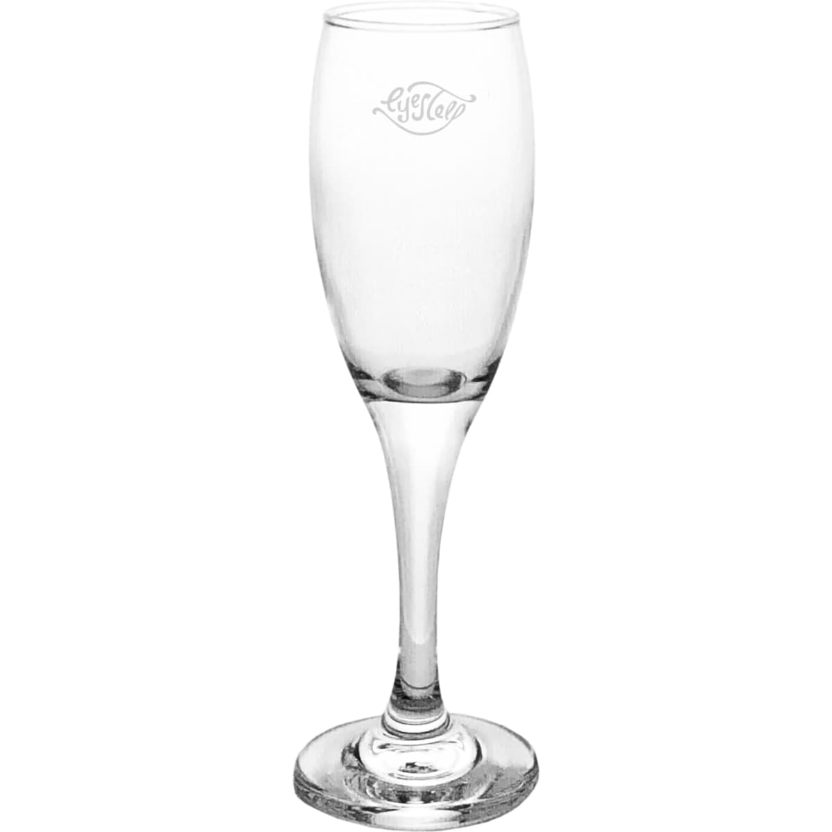 A clear glass champagne flute with an elegant stem and base, featuring a logo at the top.