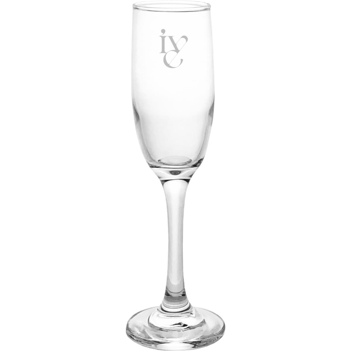 A clear glass champagne flute with a slender stem and a logo on the surface.