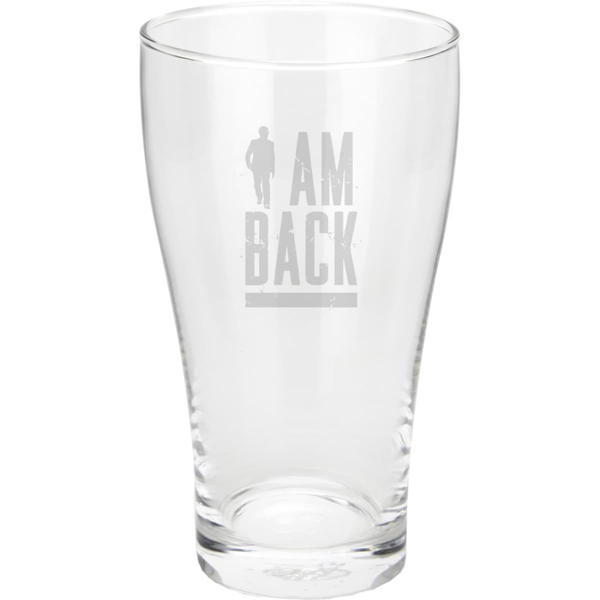 A clear glass beer schooner with a tapered design. It features a logo near the top.