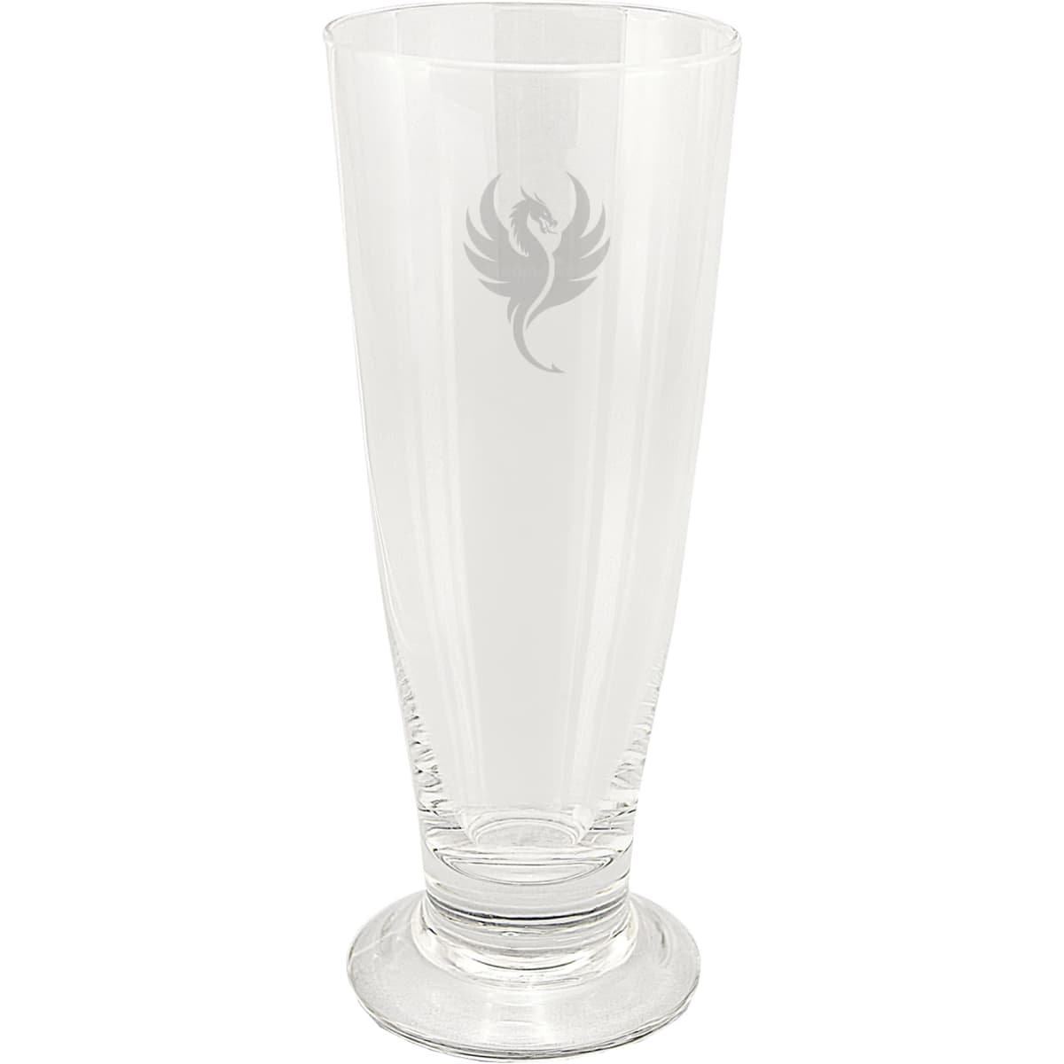 A clear, tall beer glass with a smooth finish and a decorative logo.