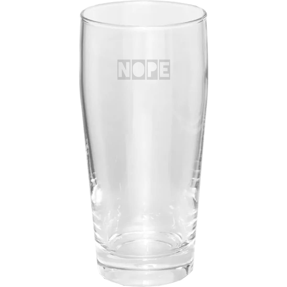 A clear 380ml beer glass with a sleek, tall design and a logo on one side.