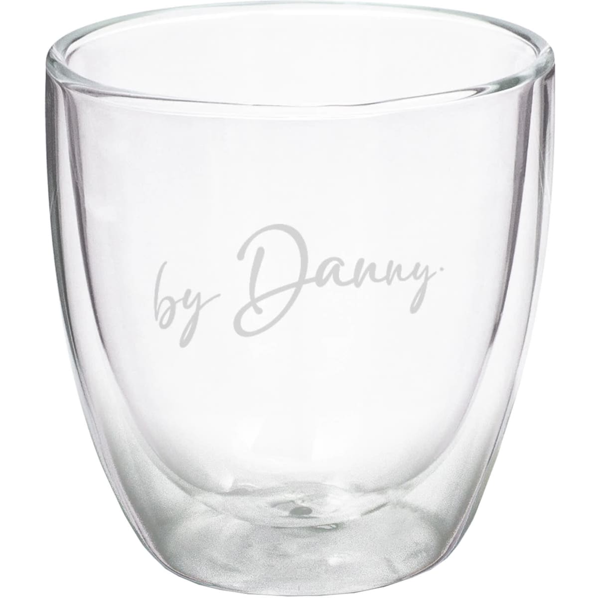 A double wall glass featuring a clear design with a subtle branding logo. Holds 340ml of liquid.