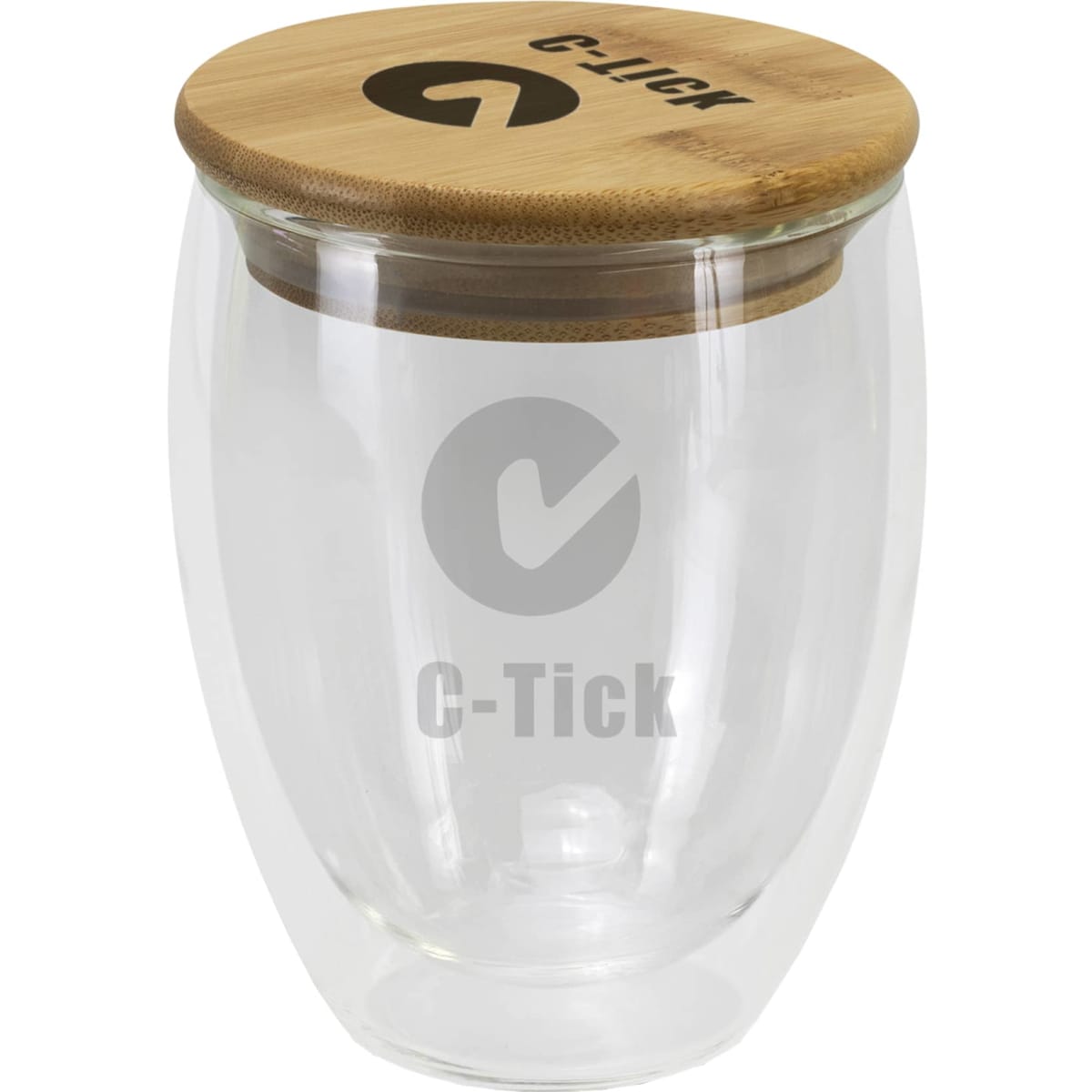 A drink bottle with a clear glass body and a bamboo lid, featuring a logo on the front.