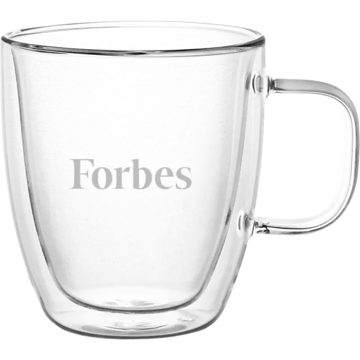 A double wall glass cup in clear design with a handle, featuring a logo on the side.
