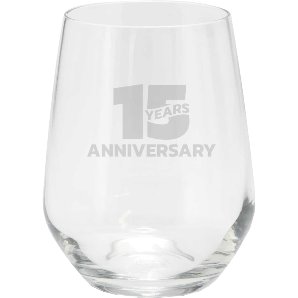 A stemless glass cup with a clear design, featuring a logo and a celebratory inscription for an anniversary.