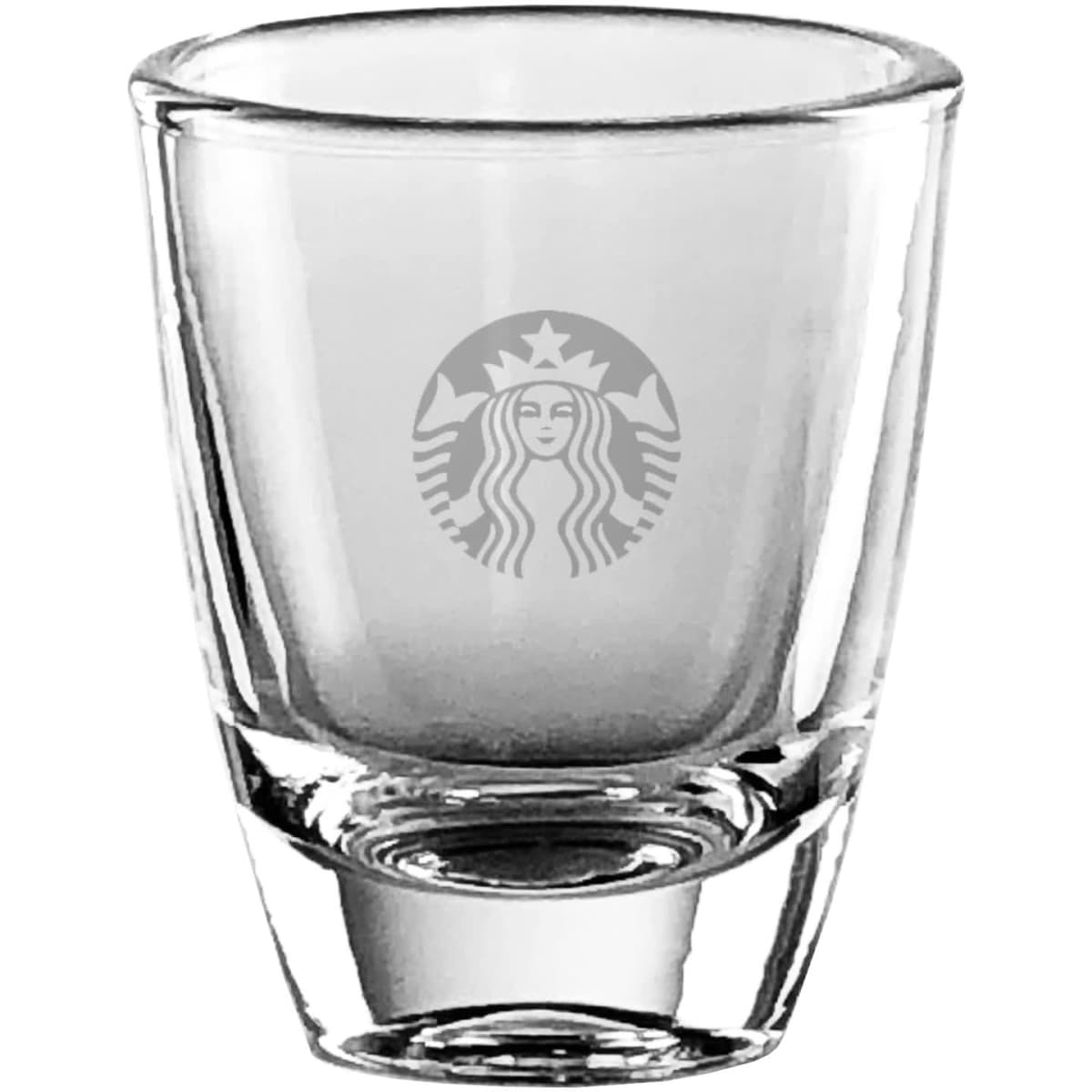 A transparent shot glass with a rounded base, featuring a logo. It's designed for various beverages.