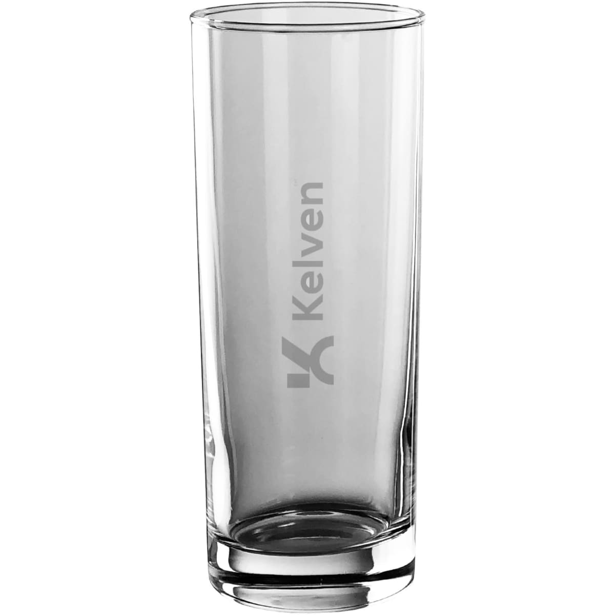 A tall, clear glass tumbler with a transparent design and a logo on the side.