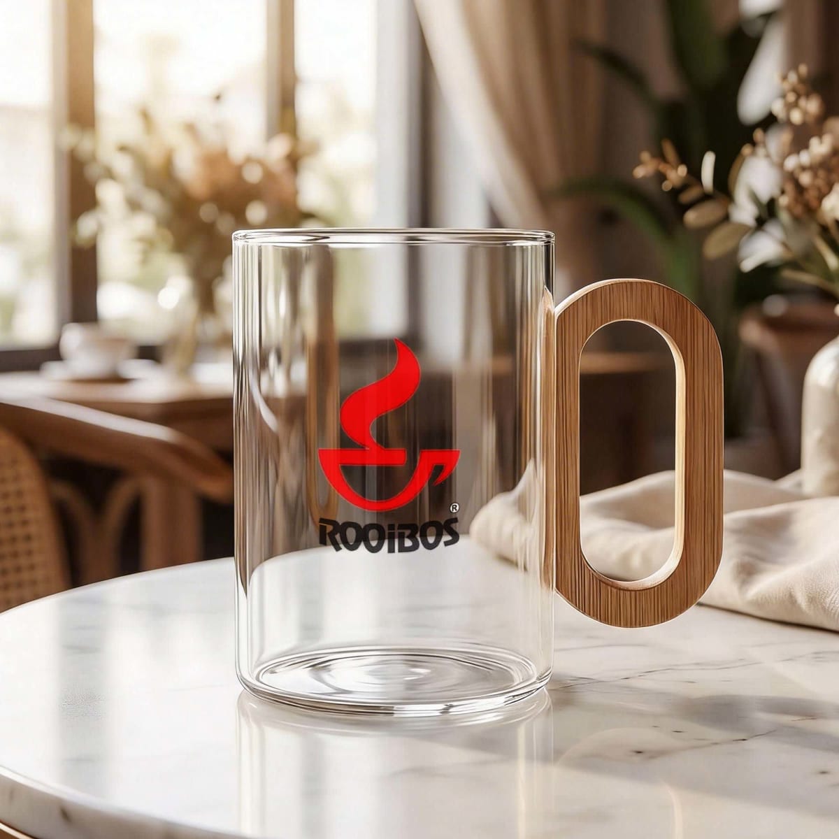 A clear glass coffee cup with a bamboo handle and a logo, set on a marble table with a cozy background.