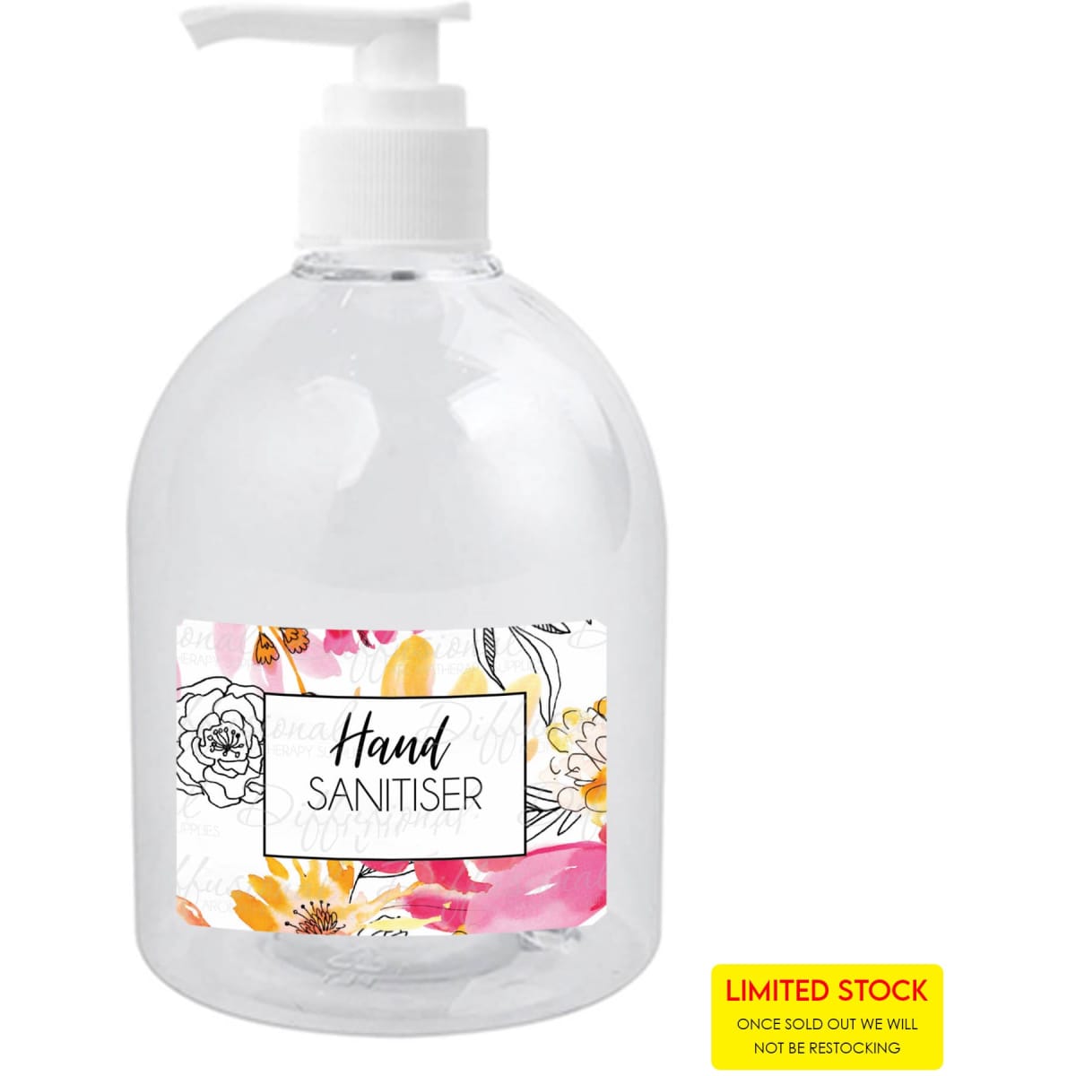 A clear plastic bottle of hand sanitiser gel with a pump top, featuring a floral label.