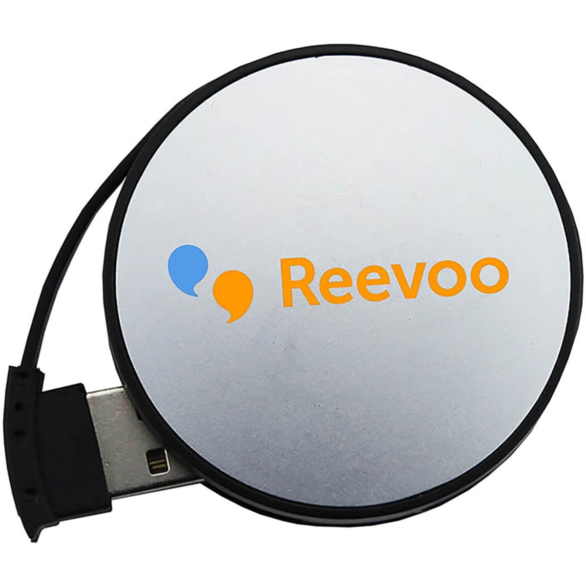 A silver USB hub with a retractable design and a branded logo in orange and blue.