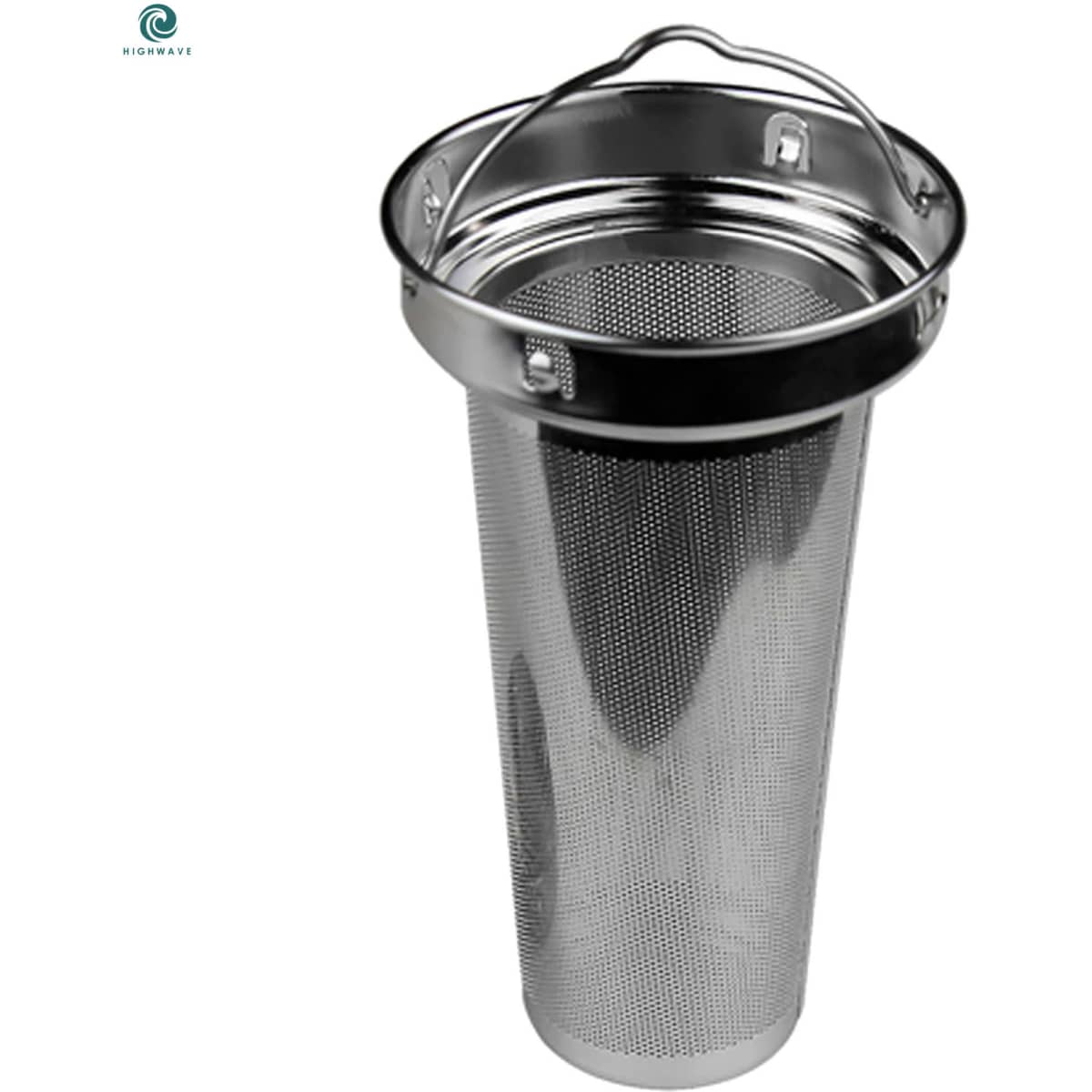 A stainless steel mesh filter with a handle, designed for use in drinkware. It features a shiny finish and fine mesh.