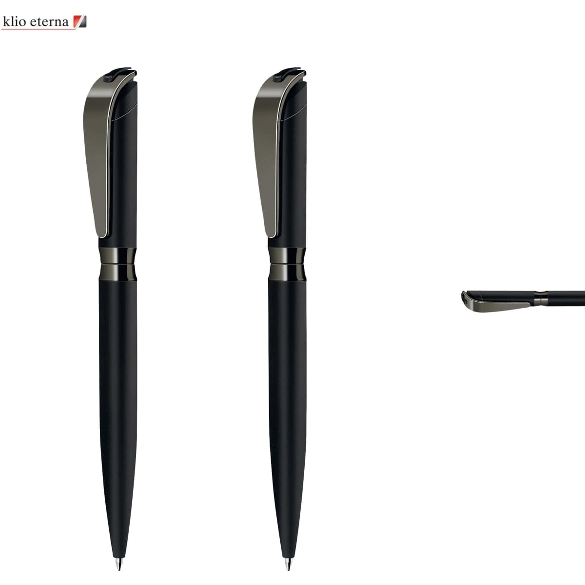 A set of black metal pens with a sleek design and a silver clip. The image includes a logo.