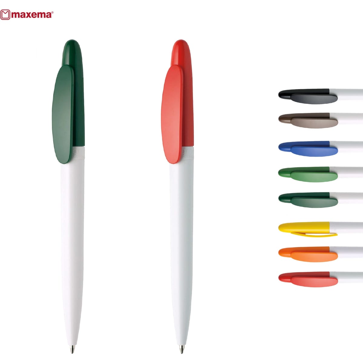 A pair of plastic pens in green and red, with a white barrel, alongside a selection of ink colours.