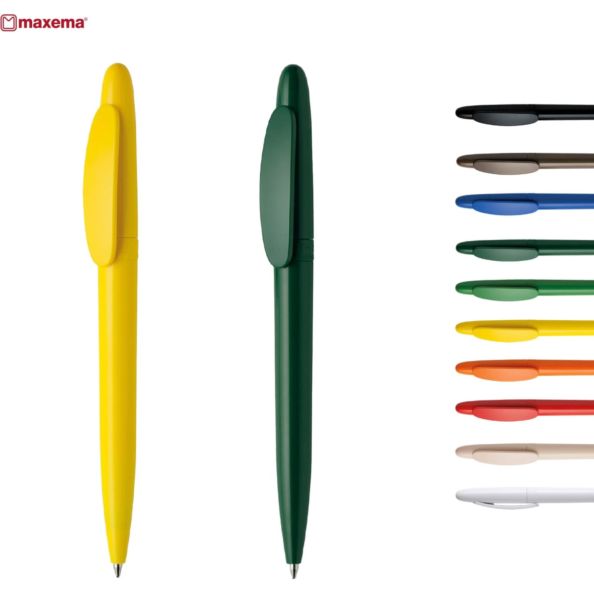 A set of plastic pens in various colours, including yellow and green, featuring a branded logo.