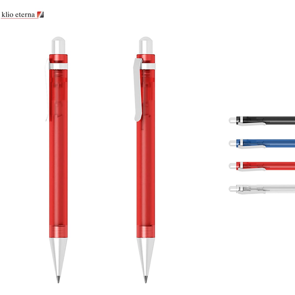 A red plastic pen with a silver clip, alongside pens in black, blue, and grey, displayed on a white background.