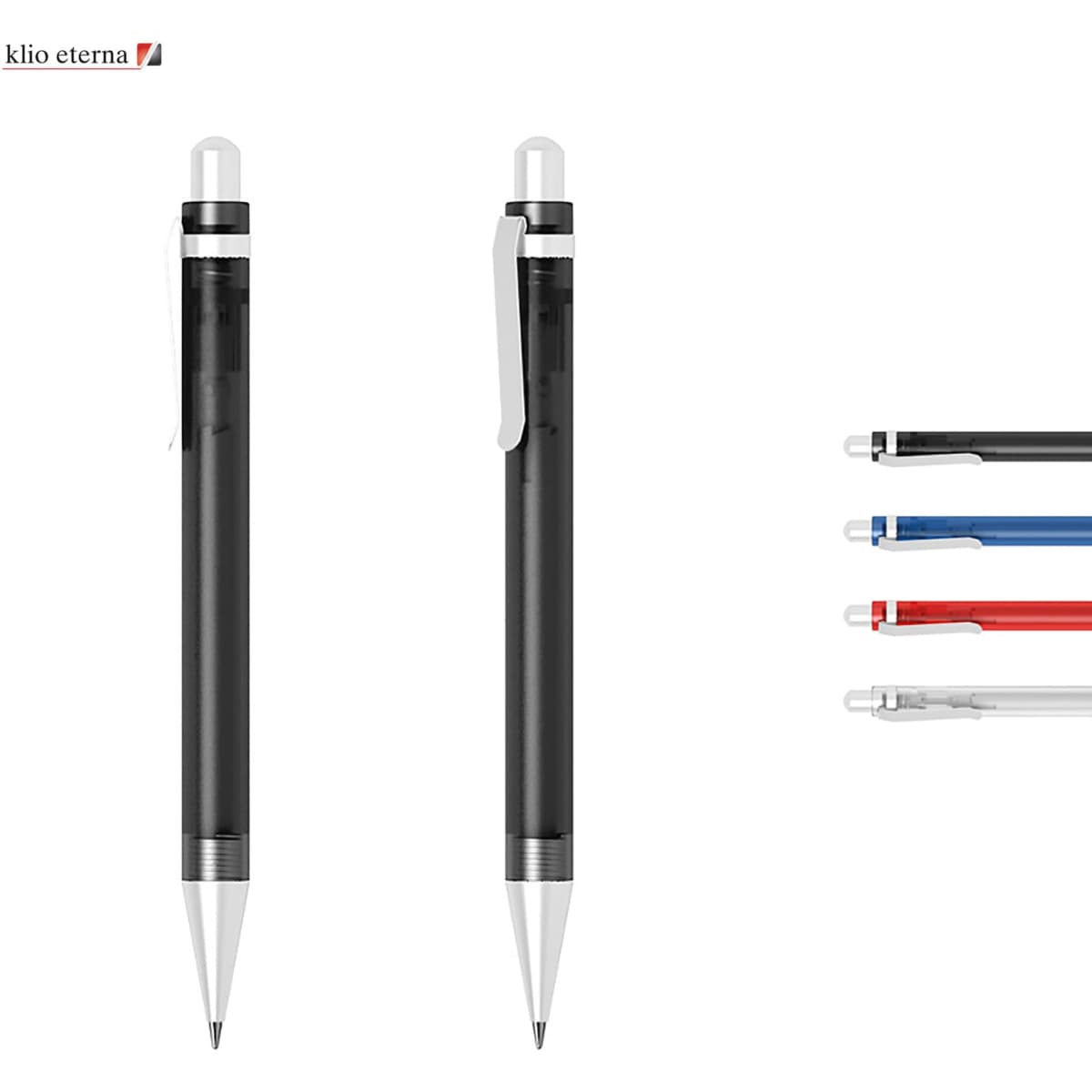 A black plastic pen with a silver clip and three ink refills in red, blue, and black, featuring a logo.