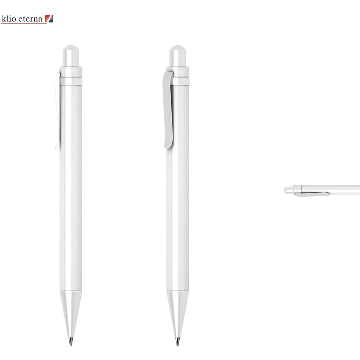 A white plastic pen with a sleek design and a clip, featuring a logo on the body.