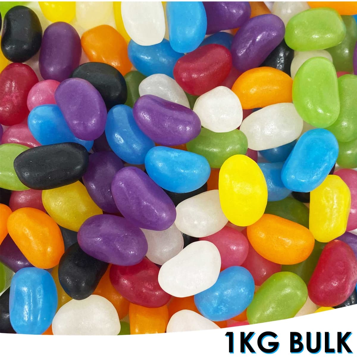 An assortment of jelly beans in various colours, including purple, yellow, green, and red, displayed in a bulk quantity.