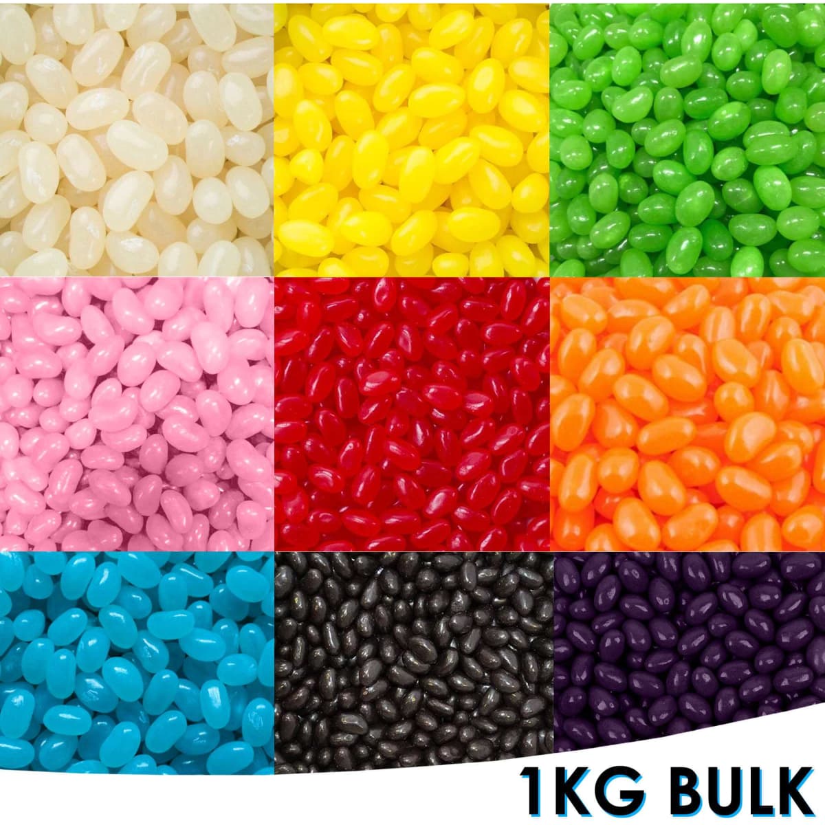 A grid of jelly beans in various colours, including white, yellow, green, pink, red, blue, black, and purple, presented in bulk.
