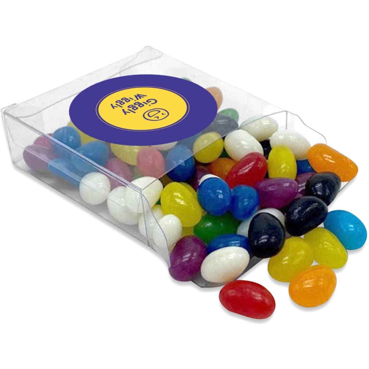 A clear box filled with colourful jelly beans in various shapes, including white, purple, yellow, and red.