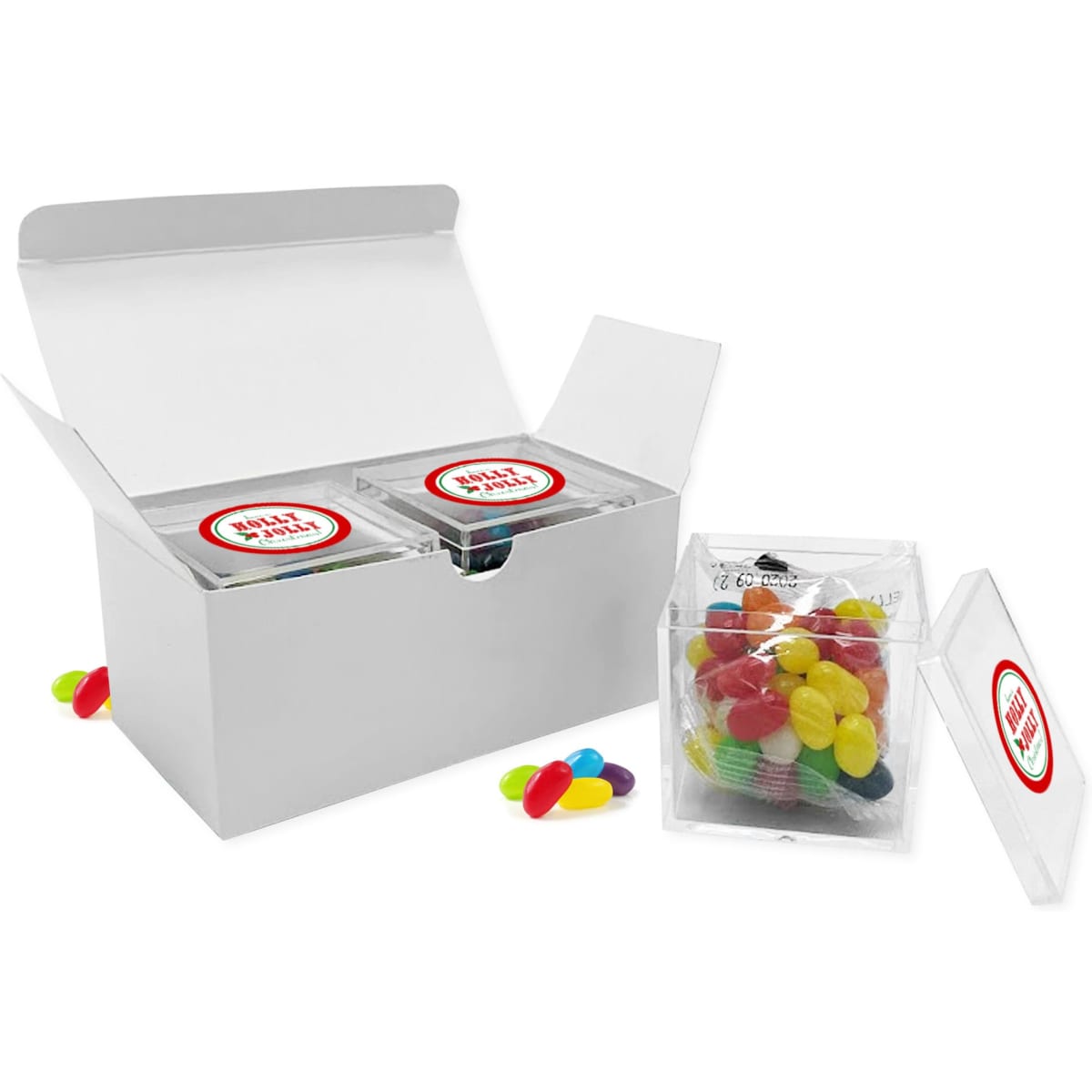 A white gift box containing two clear containers of colourful jelly beans, with additional jelly beans beside the box.