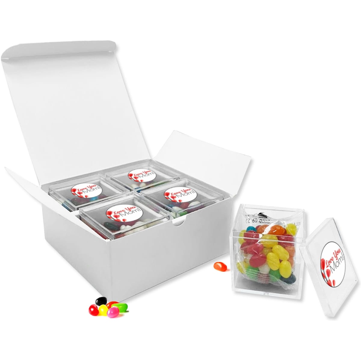 A gift pack containing four transparent containers of colourful jelly beans, displayed in a white box.